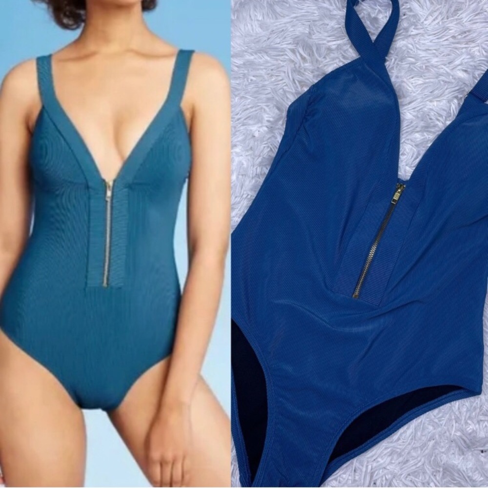 Kona Sol Ribbed Zipper Front One Piece Swimsuit Medium